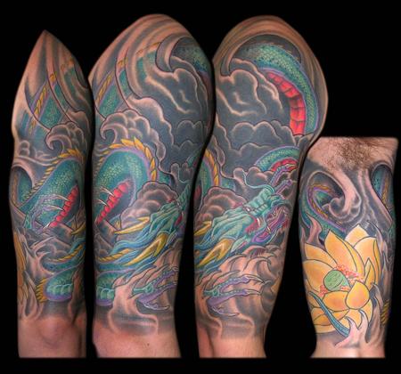 Tattoos - Asian Dragon and Yellow Lotus cover up half sleeve - 79345